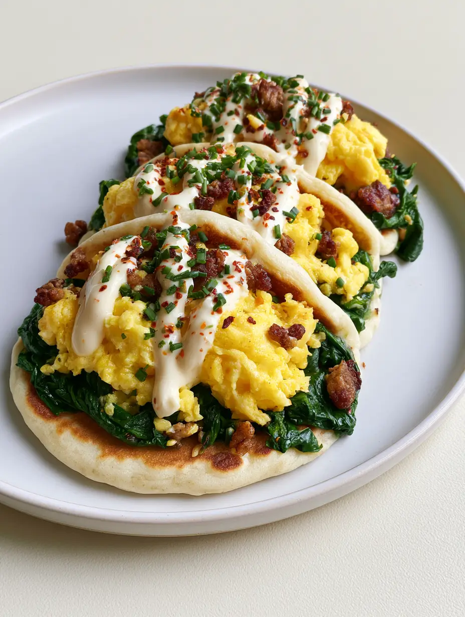 Close up of Savory Pancake Tacos featuring golden-brown pancakes and vibrant green spinach. (Savory Pancake Tacos)