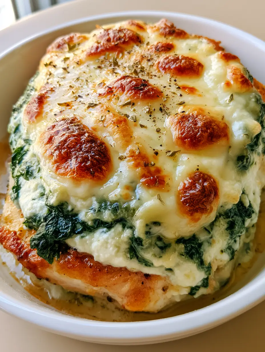 Close up shot of Spinach Ricotta Chicken showing the seared caramelized edges and natural juices.