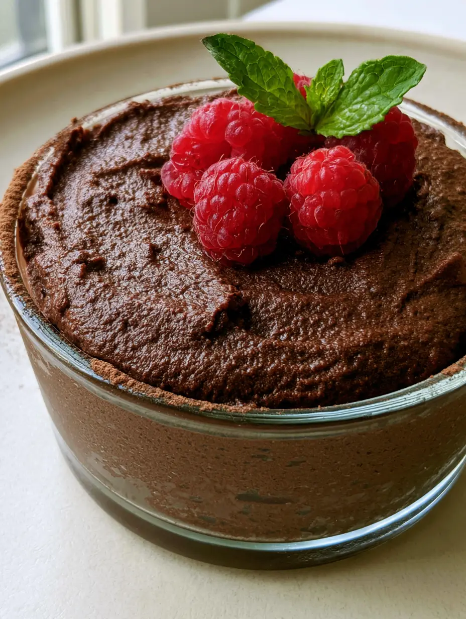 High Protein Chocolate Mousse: The Ultimate 5-Minute Velvety Guilt-Free Dessert 3 A close-up of a dense and aerated High Protein Chocolate Mousse with a mahogany brown finish and raspberry topping.