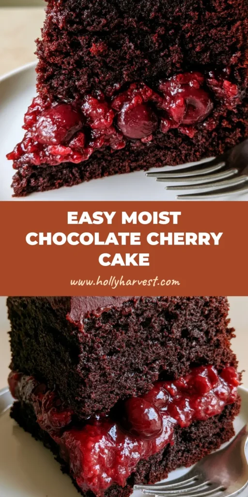 A thick slice of two-layer Chocolate Cherry Cake with glossy red filling on a white ceramic plate.