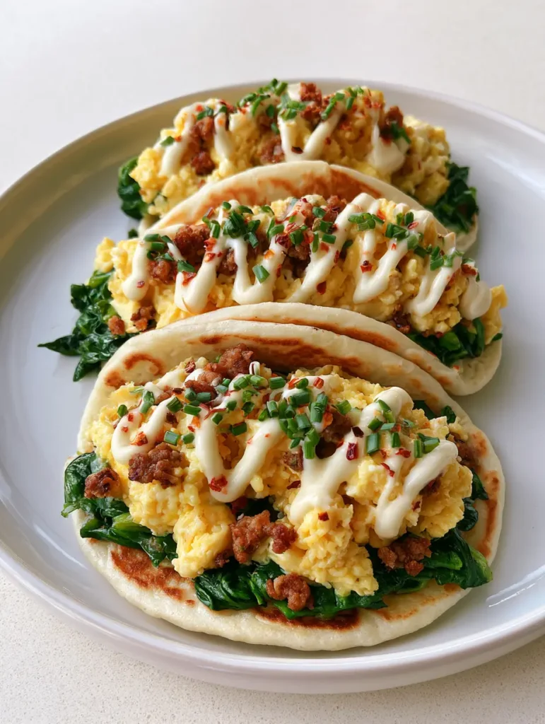 Overhead handheld smartphone photo of three Savory Pancake Tacos on a ceramic plate.
