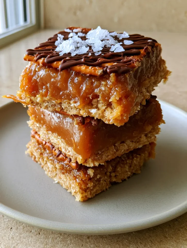 Smartphone photo of a stack of square No-Bake Salted Caramel Pretzel Bars on a light-grey plate.