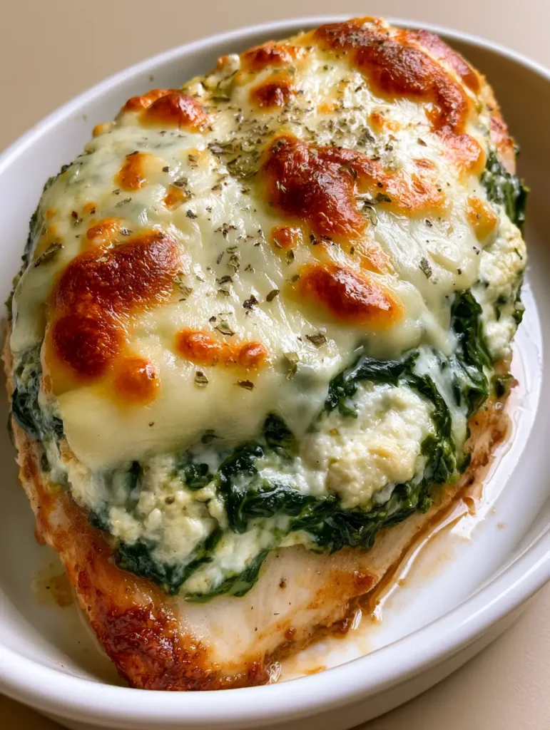 Top view of Spinach Ricotta Chicken featuring vibrant wilted dark green spinach mixed into creamy ricotta.
