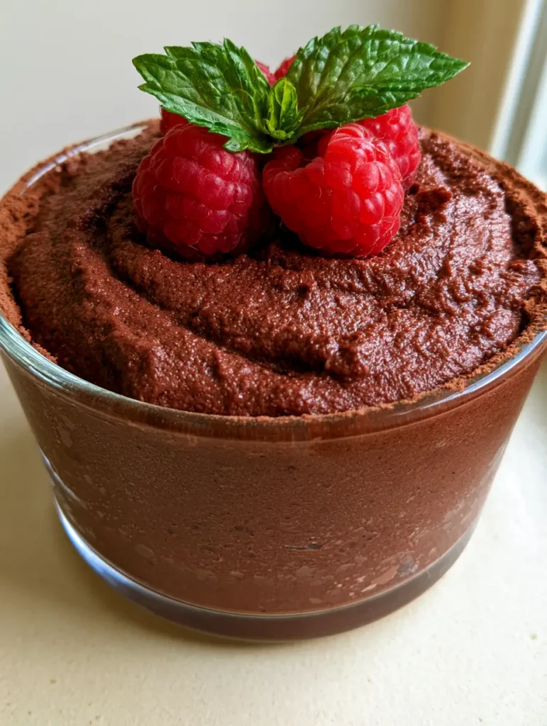 High Protein Chocolate Mousse: The Ultimate 5-Minute Velvety Guilt-Free Dessert 1 Clear glass ramekin filled with mahogany brown High Protein Chocolate Mousse and a dusting of cocoa on the rim.