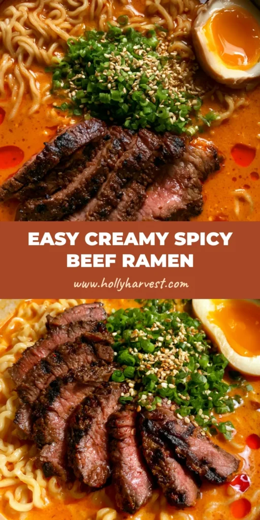 Spicy Korean Beef Ramen with Creamy Gochujang Broth 4 A deep ceramic bowl of Spicy Korean Beef Ramen with wavy noodles, creamy orange broth, charred beef strips, and a jammy egg.