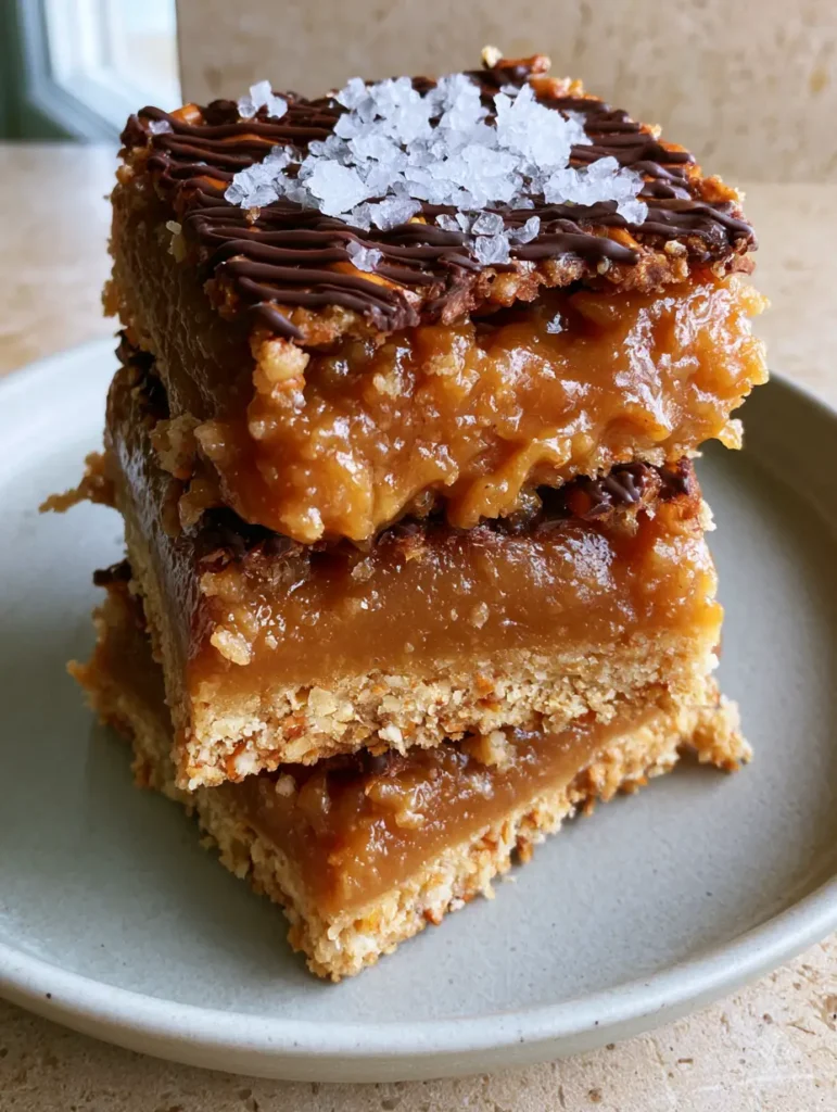 Close up of No-Bake Salted Caramel Pretzel Bars featuring a zigzag chocolate drizzle and flaky sea salt crystals.