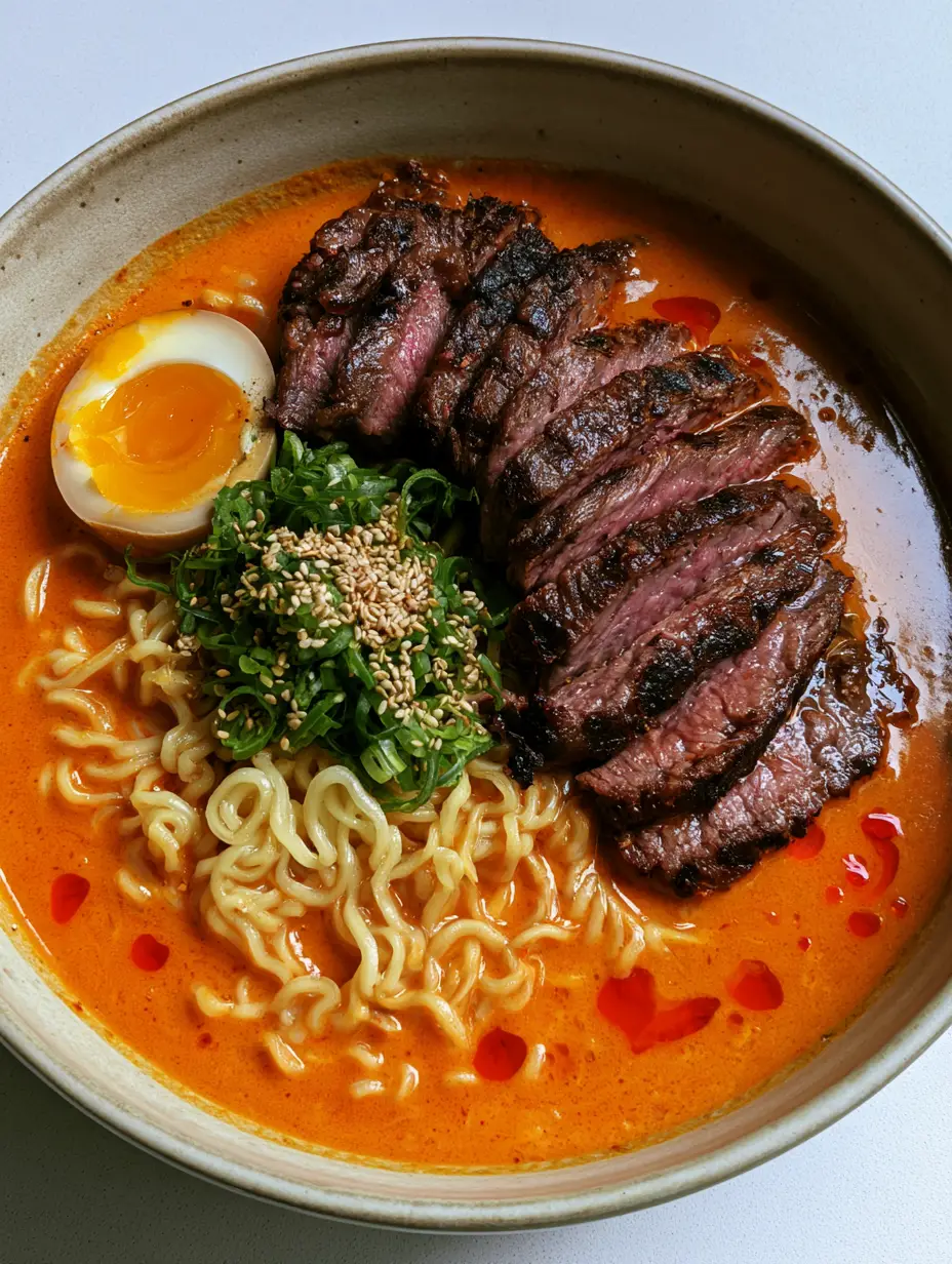 Spicy Korean Beef Ramen with Creamy Gochujang Broth 3 Top-down view of Spicy Korean Beef Ramen showing droplets of red chili oil on creamy orange broth. (Spicy Korean Beef Ramen)