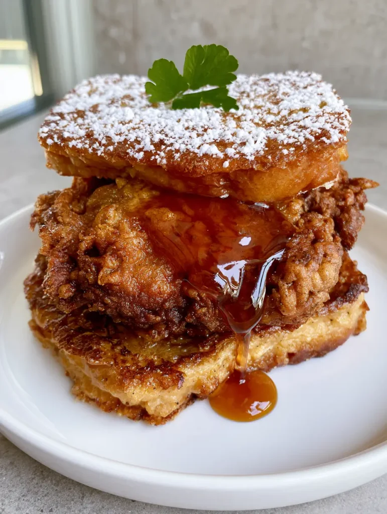 French Toast Fried Chicken Sandwich: The Ultimate Sweet and Savory Brunch 1 A drizzle of amber maple syrup over a French Toast Fried Chicken Sandwich.
