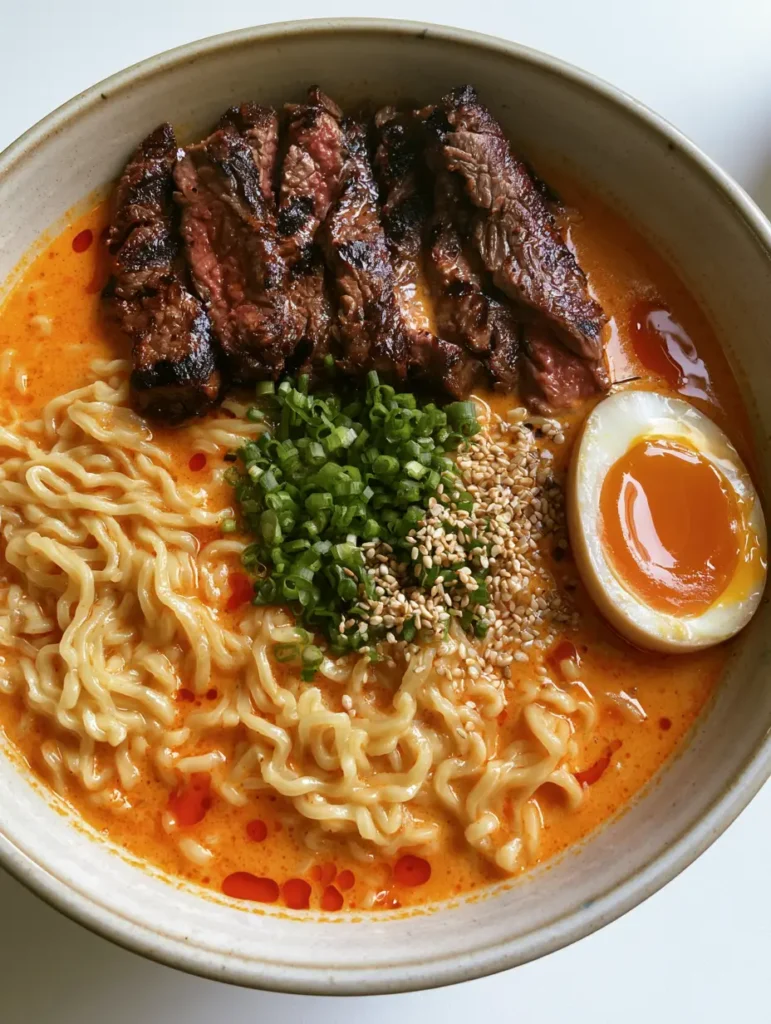 Spicy Korean Beef Ramen with Creamy Gochujang Broth 1 Close up of charred grilled beef strips and a jammy soft-boiled egg on top of Spicy Korean Beef Ramen.