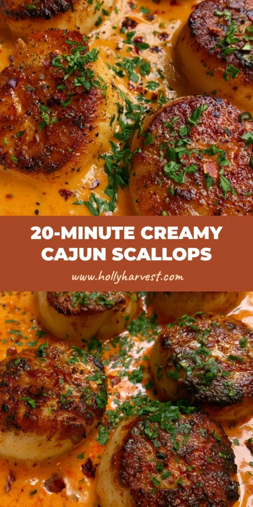 Top-down view of five jumbo Cajun Seared Scallops with a golden-brown crust in a white bowl with orange cream sauce.