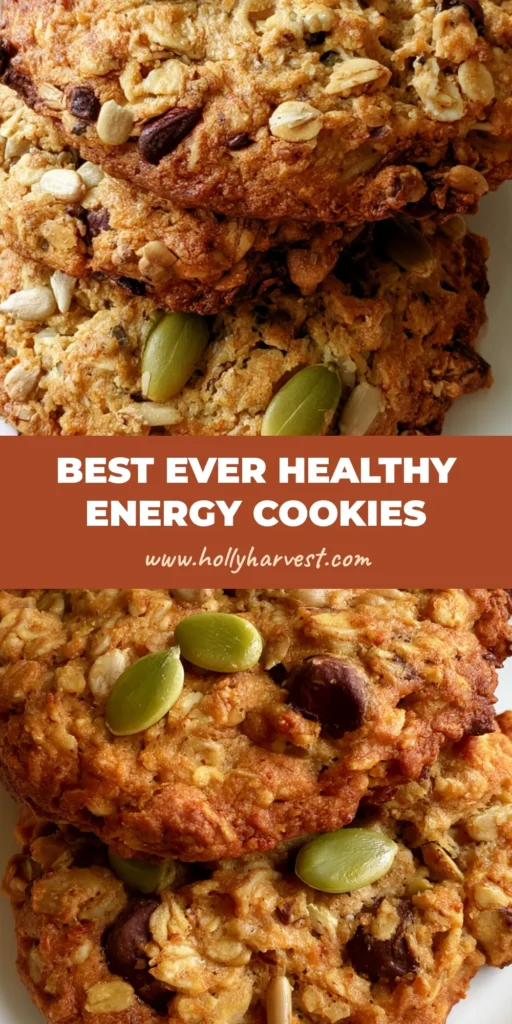 Healthy Energy Cookies: The Ultimate Seeding-Packed Power Snack 4 A tall stack of rustic Healthy Energy Cookies on a white plate, showcasing visible pumpkin seeds and chocolate chips.
