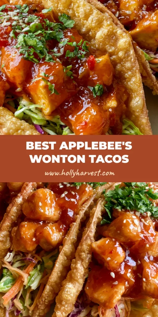 Applebee's Chicken Wonton Tacos: The Ultimate Crunchy Copycat Recipe 4 Three crispy golden-brown Applebee's Chicken Wonton Tacos on a neutral ceramic plate with glossy reddish-orange chicken and fresh cilantro garnish.