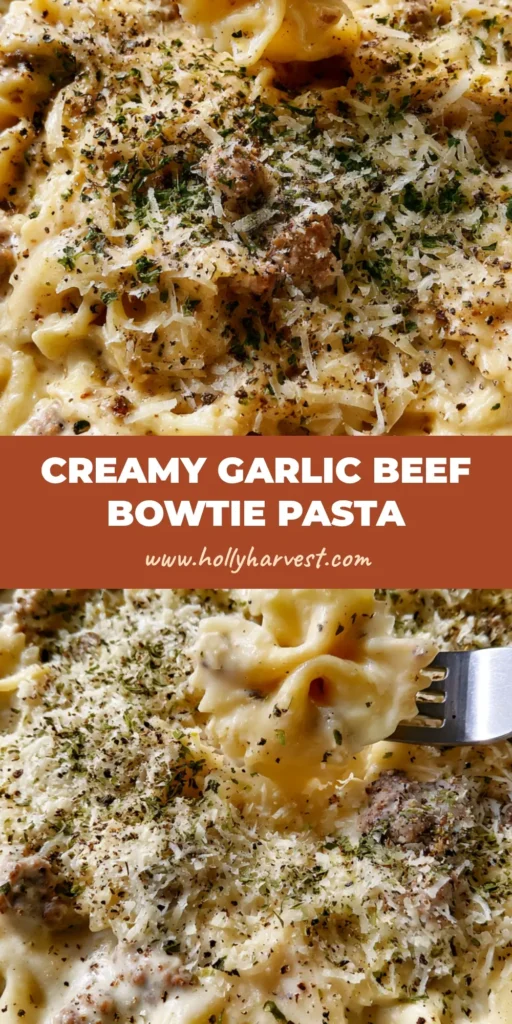 A handheld smartphone photo of Creamy Parmesan Garlic Beef Bowtie Pasta in a white bowl with a metal fork.