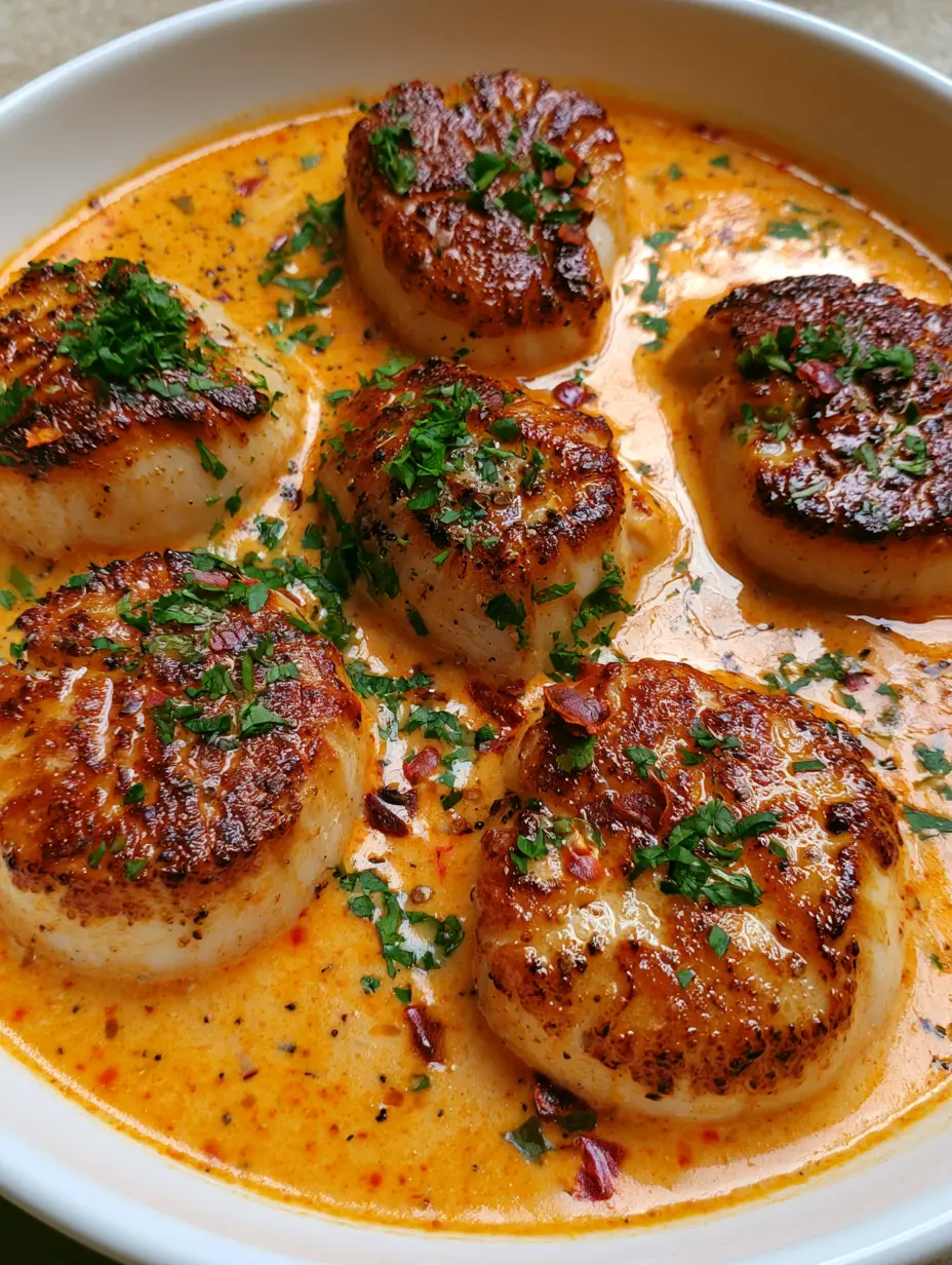 Close-up of jumbo sea scallops with a crisp dark golden-brown crust in a vibrant orange Cajun sauce. (Cajun Seared Scallops)