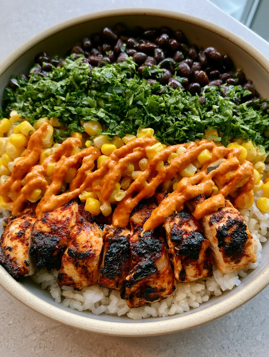 Chipotle Chicken Bowl: The Ultimate Smoky Charred Chicken and Creamy Drizzle Recipe 3 Close-up of charred grilled chicken chunks and glossy black beans in a Chipotle Chicken Bowl.