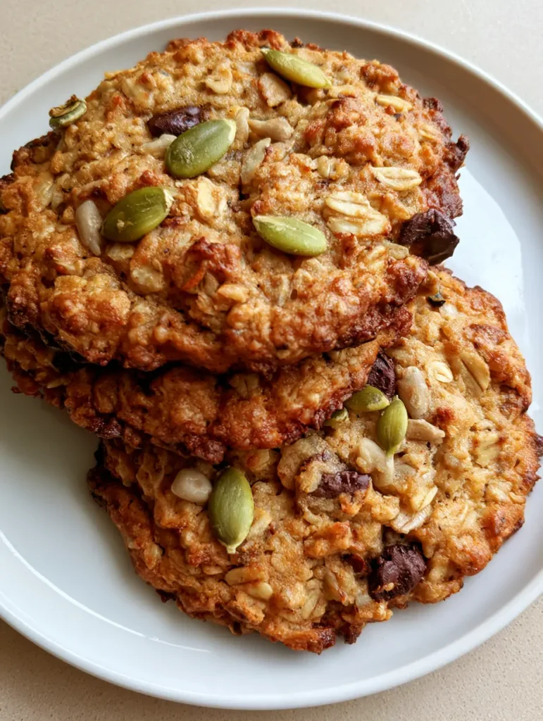 Close-up of Healthy Energy Cookies showing chunky oats, bright green pumpkin seeds, and dark chocolate morsels.