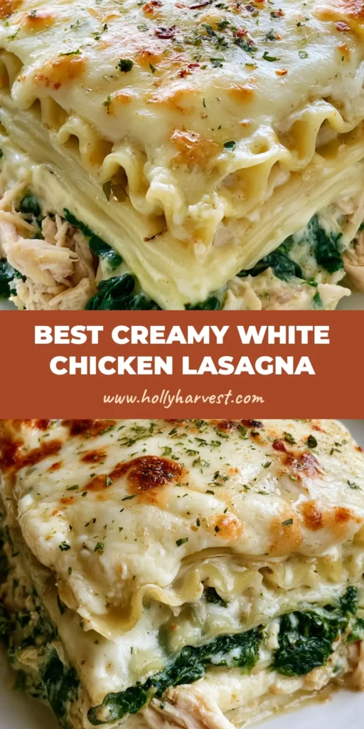 A thick slice of White Chicken Lasagna on a white ceramic plate showing wavy pasta layers, shredded chicken, wilted spinach, and a toasted mozzarella topping.