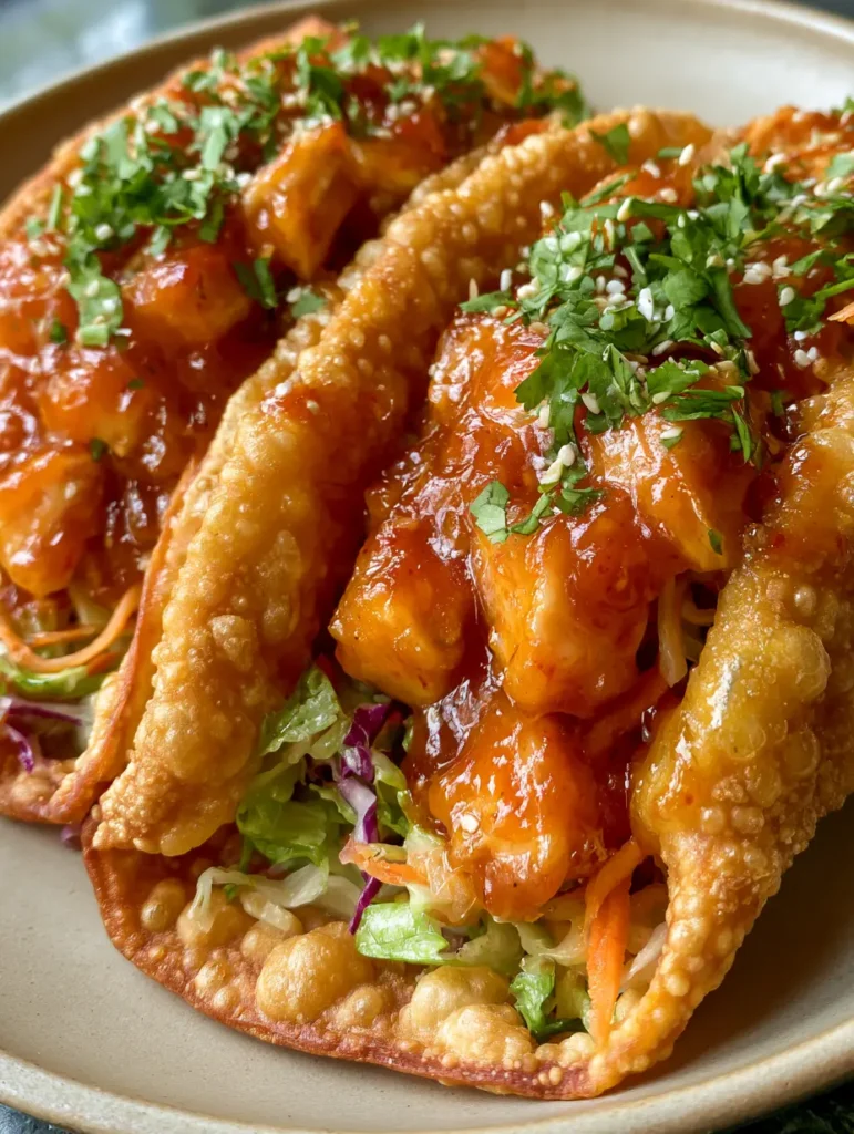 Applebee's Chicken Wonton Tacos: The Ultimate Crunchy Copycat Recipe 2 Smartphone photo of crispy chicken wonton tacos with bubbly golden shells and vibrant purple and green slaw. (Applebee's Chicken Wonton Tacos)