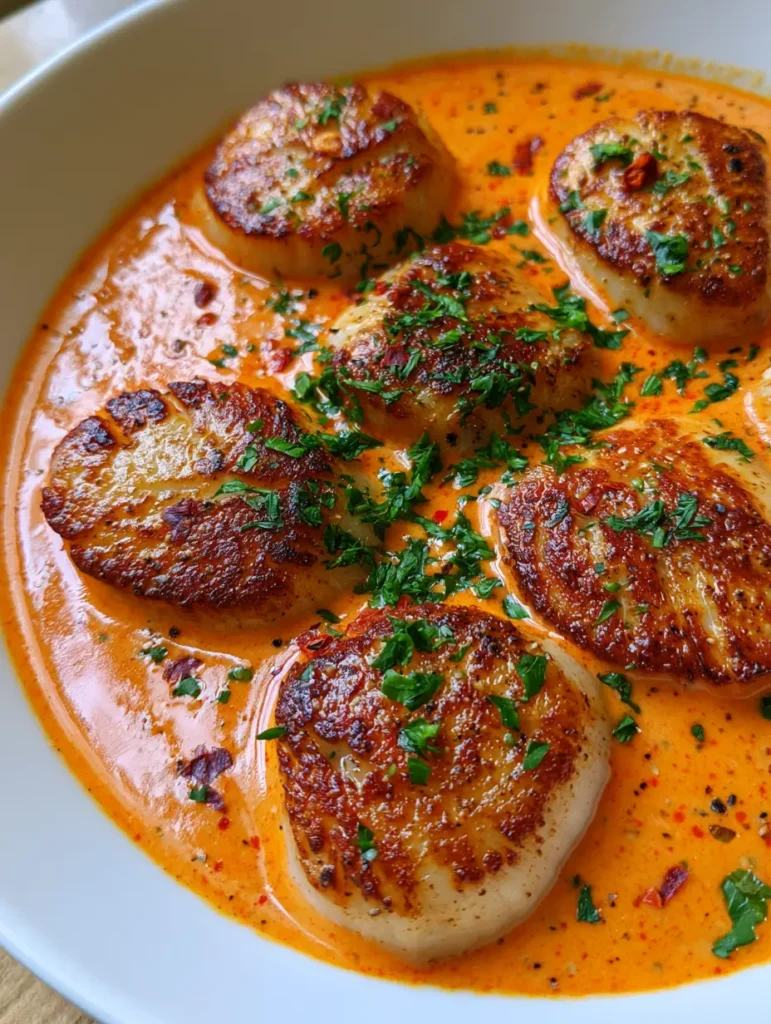Top-down view of five scallops submerged in orange cream sauce with parsley and chili flakes. (Cajun Seared Scallops)