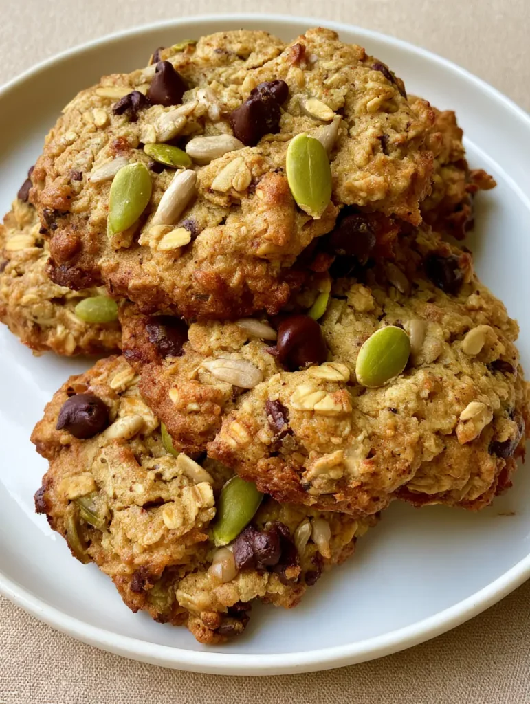 Healthy Energy Cookies: The Ultimate Seeding-Packed Power Snack 1 Healthy Energy Cookies stacked on a white ceramic plate against a beige background in natural light.