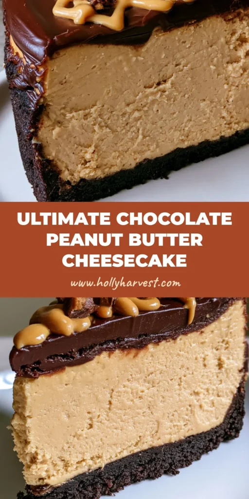 A tall slice of Chocolate Peanut Butter Cheesecake with a thick dark crust and glossy ganache on a white plate.