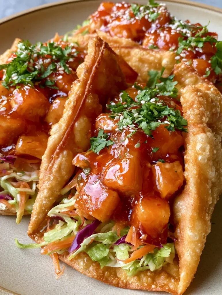Applebee's Chicken Wonton Tacos: The Ultimate Crunchy Copycat Recipe 1 Three U-shaped wonton tacos filled with sweet chili chicken and shredded carrots on a plate. (Applebee's Chicken Wonton Tacos)