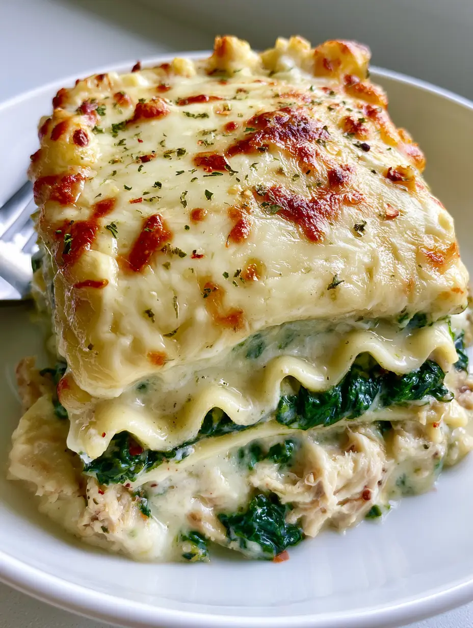 Handheld photo of White Chicken Lasagna with distinct wavy pasta layers and creamy garlic sauce on a white ceramic plate.