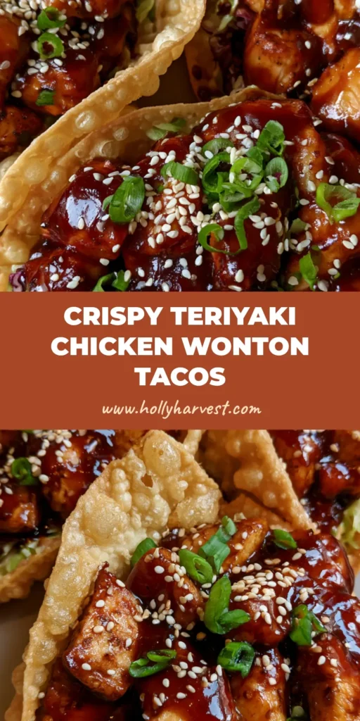 Three crispy fried Teriyaki Chicken Wonton Tacos on a neutral plate, showcasing bubbly golden shells and glossy dark brown glazed chicken with green scallion garnish.