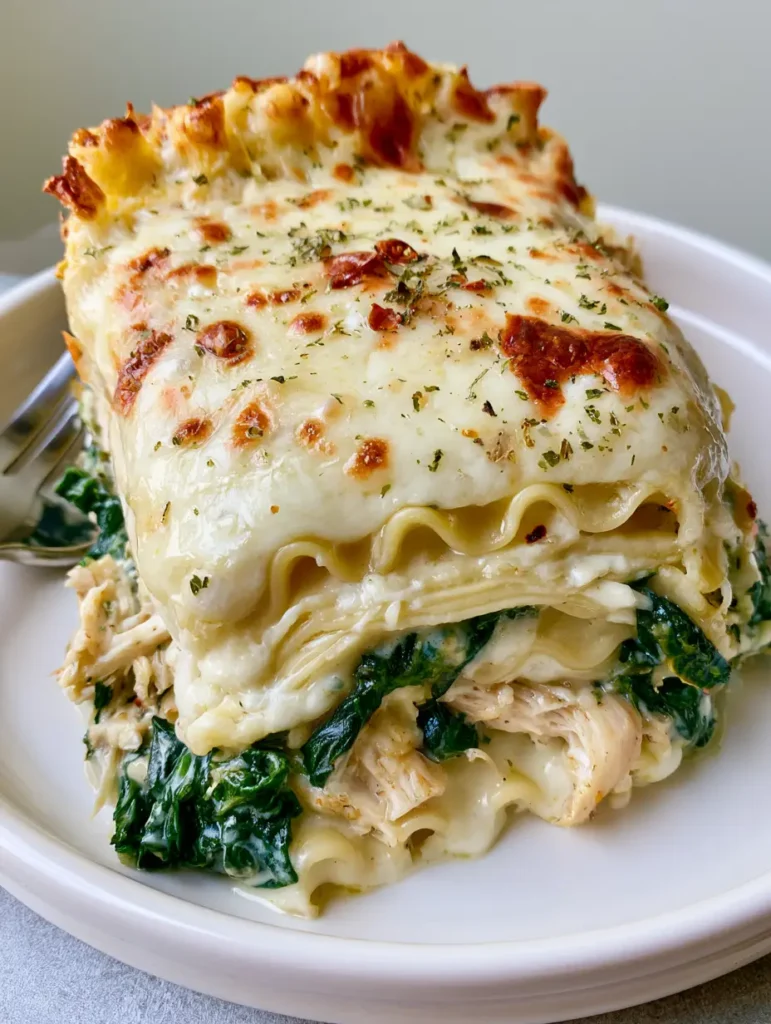White Chicken Lasagna slice showing vibrant wilted spinach and toasted golden cheese spots with red pepper flakes.