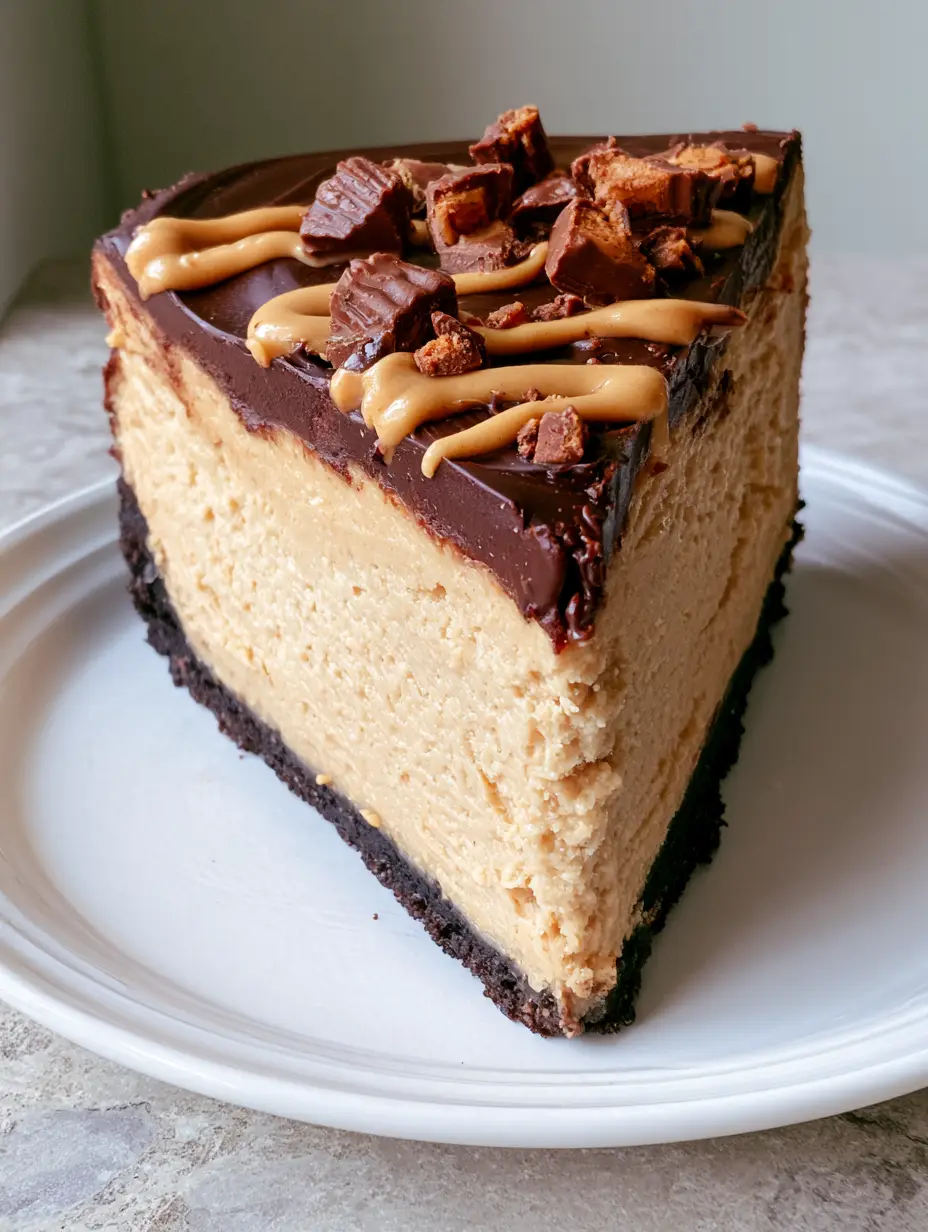 Close-up of a tall Chocolate Peanut Butter Cheesecake showing the pale tan creamy layer and dark chocolate ganache.