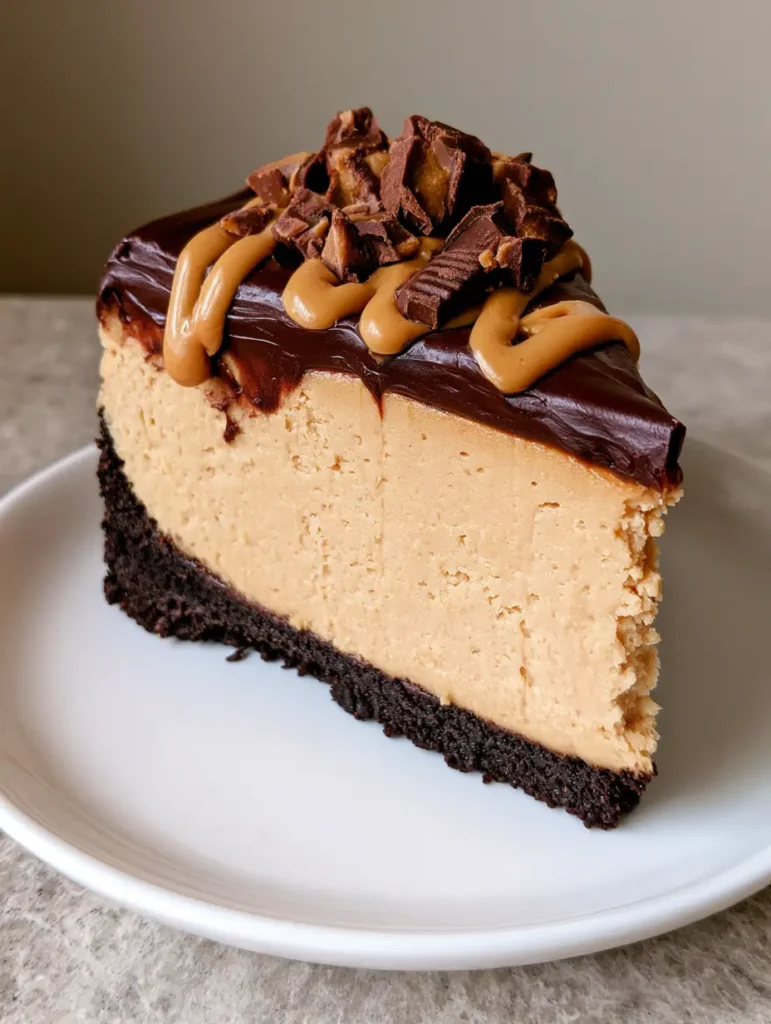 Top view of a Chocolate Peanut Butter Cheesecake with glossy ganache, peanut butter drizzle, and chopped peanut butter cups.