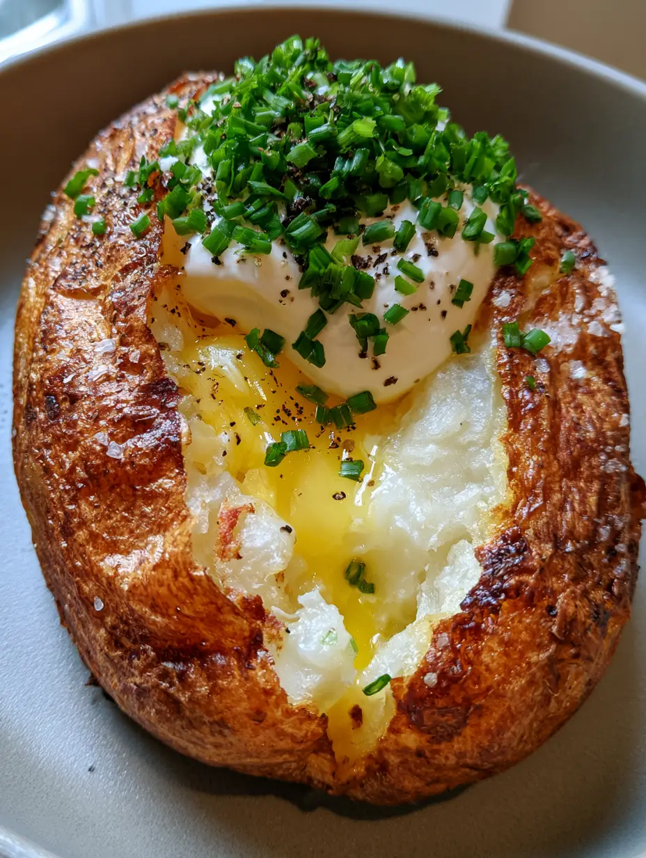 A large russet potato sliced open to reveal a fluffy white interior with melting butter and chives. (Air Fryer Baked Potato)