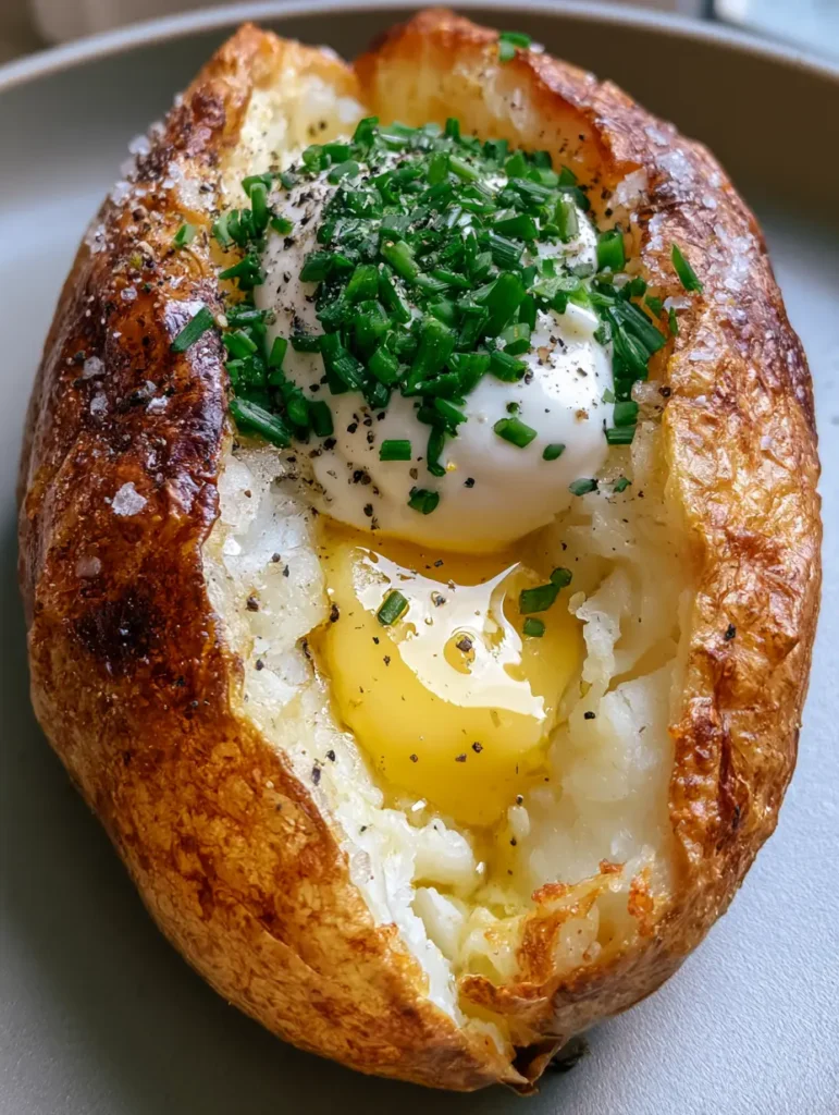 Close-up of crackly, deep golden brown potato skin with visible grains of sea salt.